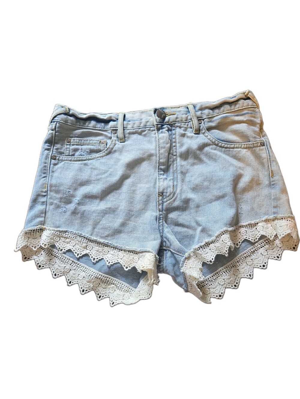 Free People Jean Shorts Lace Trim Boho Festival Light Wash 27 Womens distressed